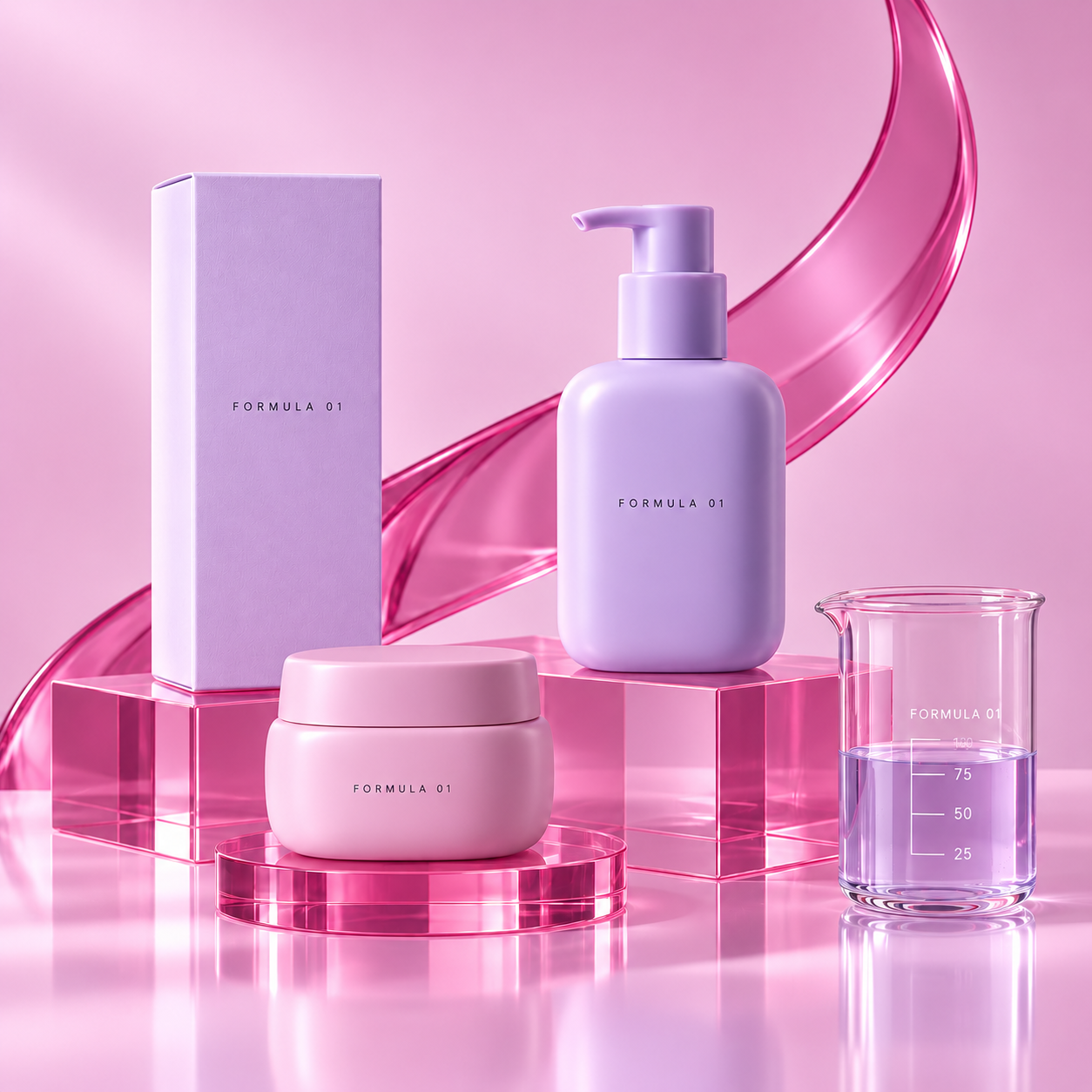 A lilac pump bottle, pink cream jar, carton and formulation beaker on pink acrylic